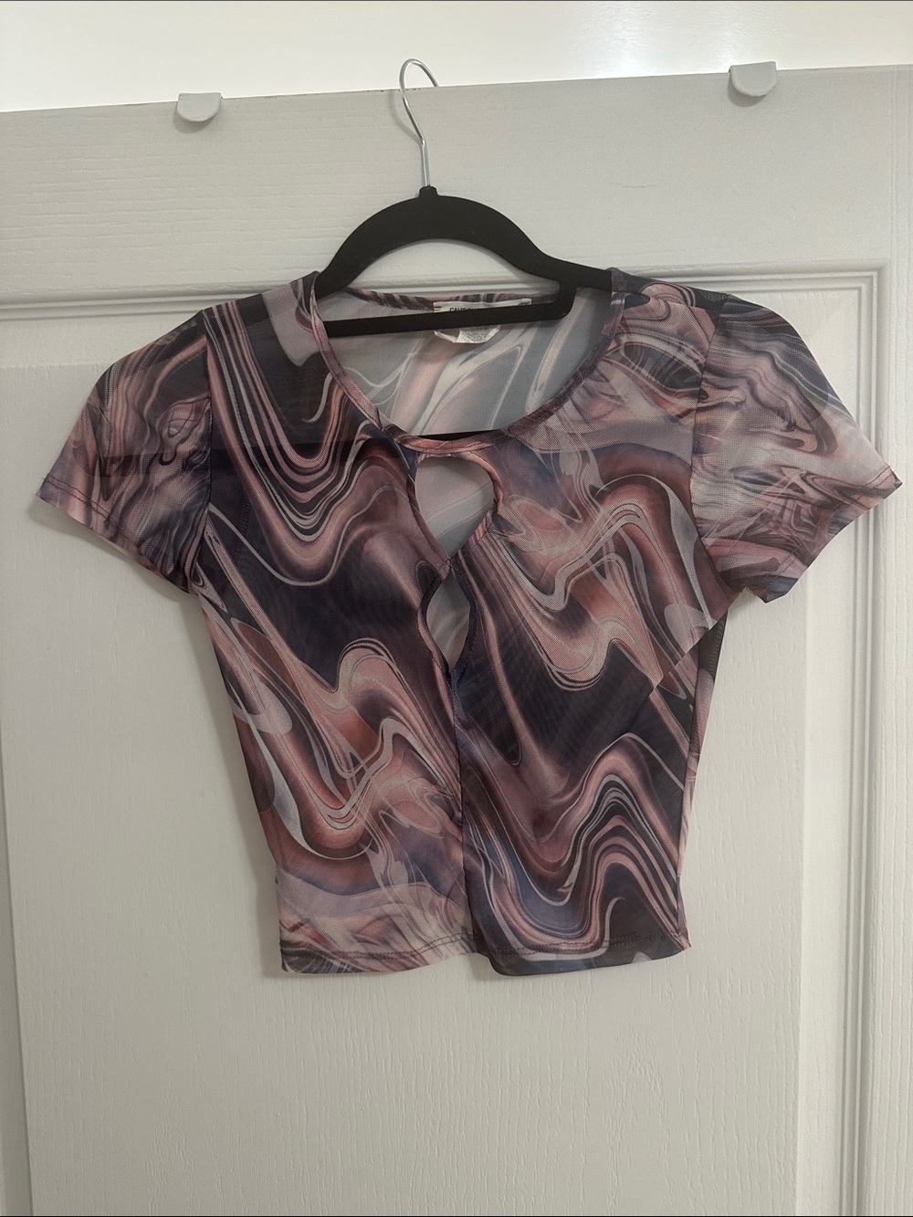 Caution To The Wind Mauve Pink & Purple Swirl Mesh Crop Top